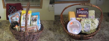 Gift Baskets with a variet of meats, cheeses, curds, mixes and spices.